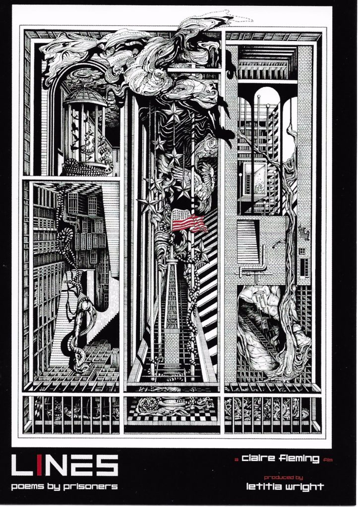 A black and white drawing of a variety of interconnected images with a single red flag in the center