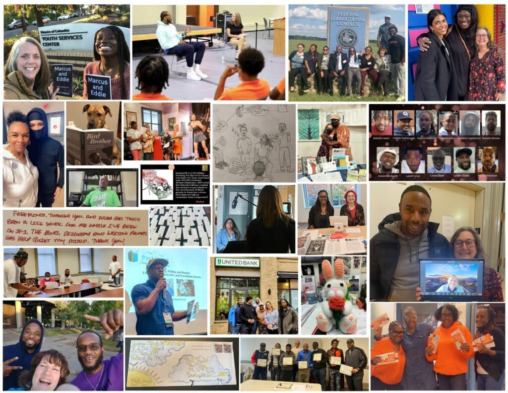 A collage of smaller images featuring Free Minds staff, books, and program materials