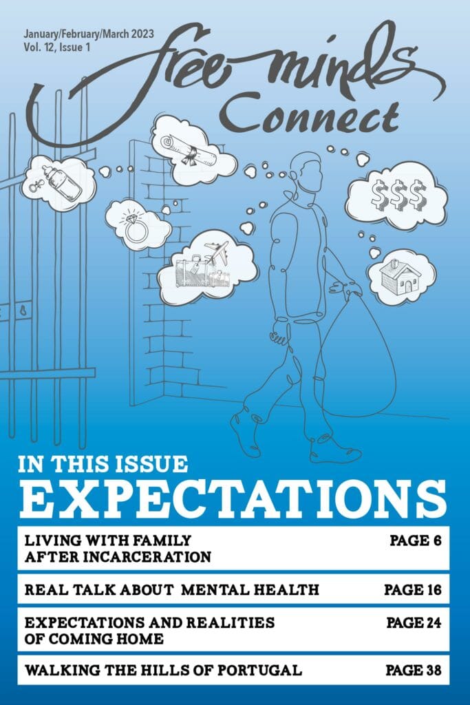 A line drawing of a man walking out of an open cell door, with thought bubbles showing a baby bottle, a wedding ring, an airplane, a diploma, dollar signs, and a house. Text reads Free Minds Connect. In this issue: Expectations. Living with Family After Incarceration, page 6. Real Talk about Mental Health, page 16. Expectations and Realities of Coming Home, page 24. Walking the Hills of Portugal, page 38.