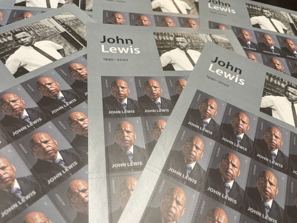 Many sheets of stamps featuring the late Congressman John Lewis
