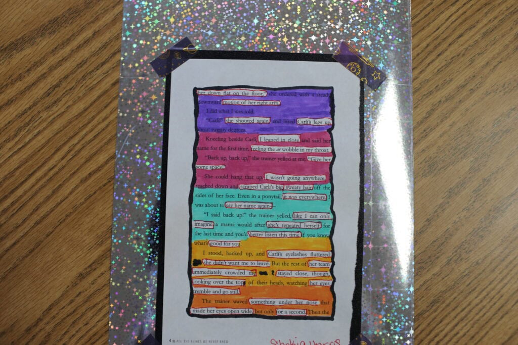 A second colorful page of blackout poetry written by a member in the Women's Book Club.