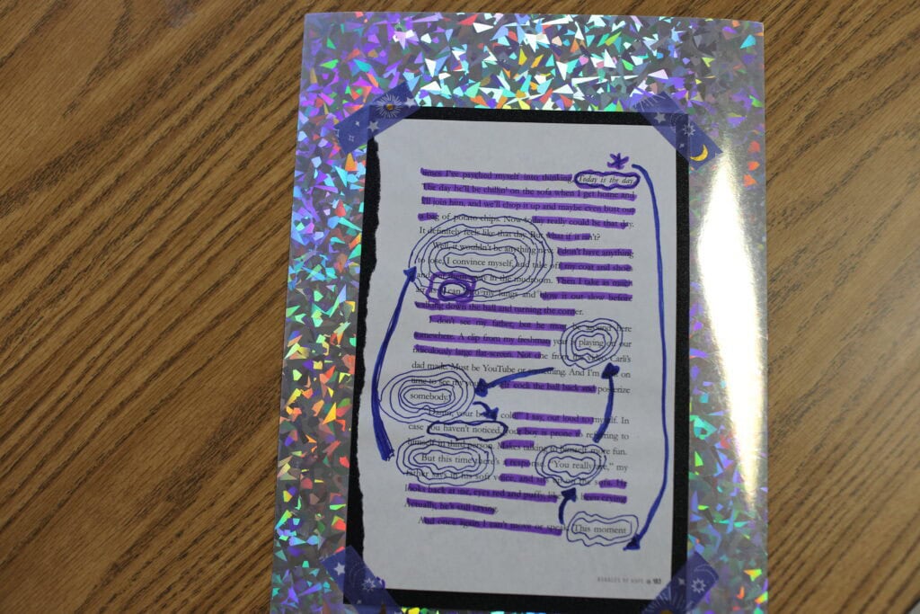 A colorful page of blackout poetry written by a member in the Women's Book Club.