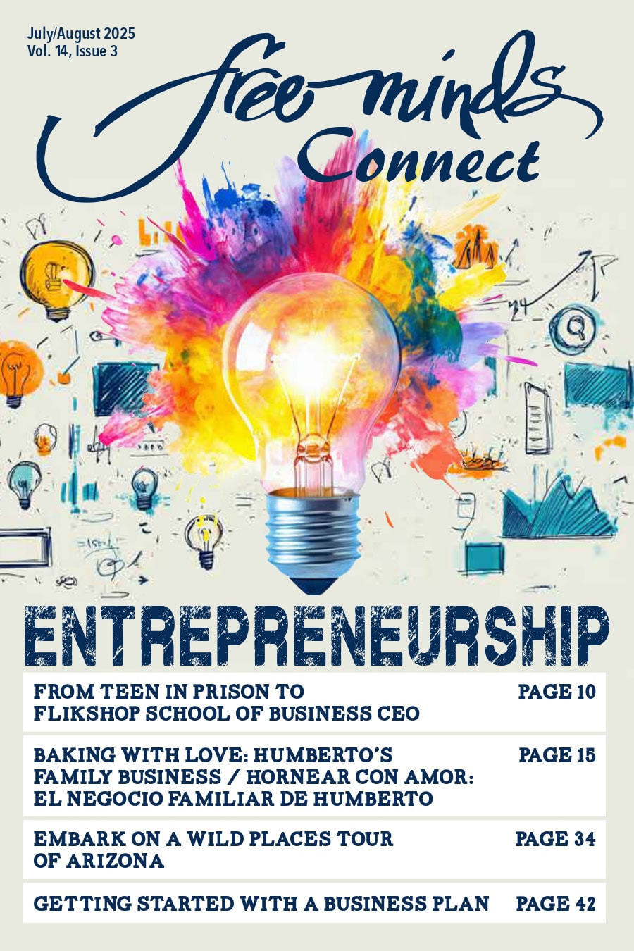 Cover art of the Entrepreneurship issue of the Connect Magazine, showing an illuminated lightbulb with bright colors in the background and a series of icons looking like hand-drawn graphs, charts, and things.