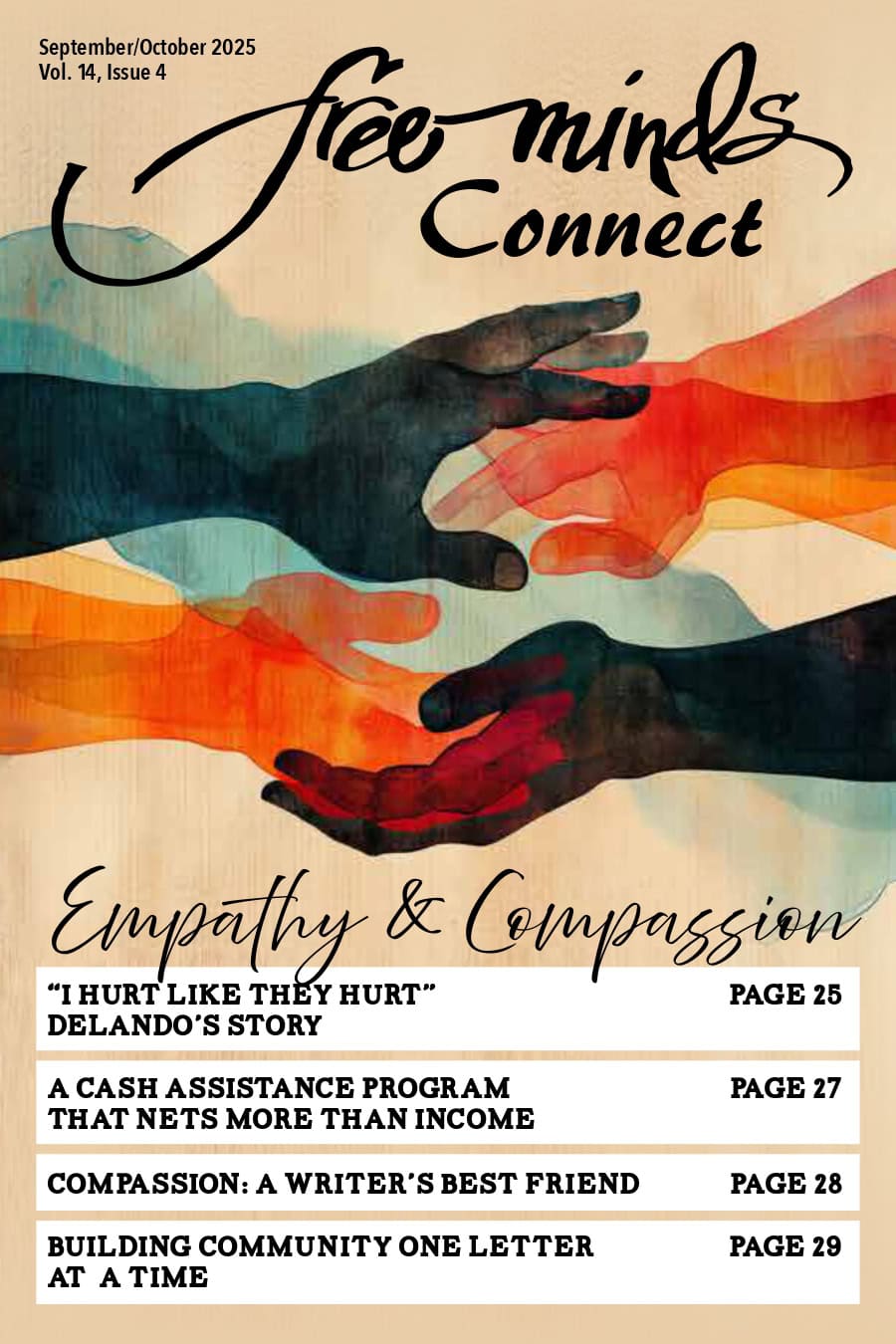 The cover of the Empathy & Compassion issue of the Free Minds Connect. There is an image of two hands, one coming from the right and the other from the left, reaching towards each other. This is repeated below, so that there are four hands all together. The hands are rotating colors of a dark navy blue and a dark burnt orange.