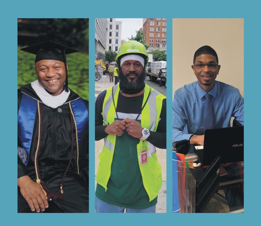 The cover of a document that shows three vertical columns with pictures of three men. One in a graduation cap and gown, one on the street in a hi-vis work vest, and one sitting at a desk in an office.