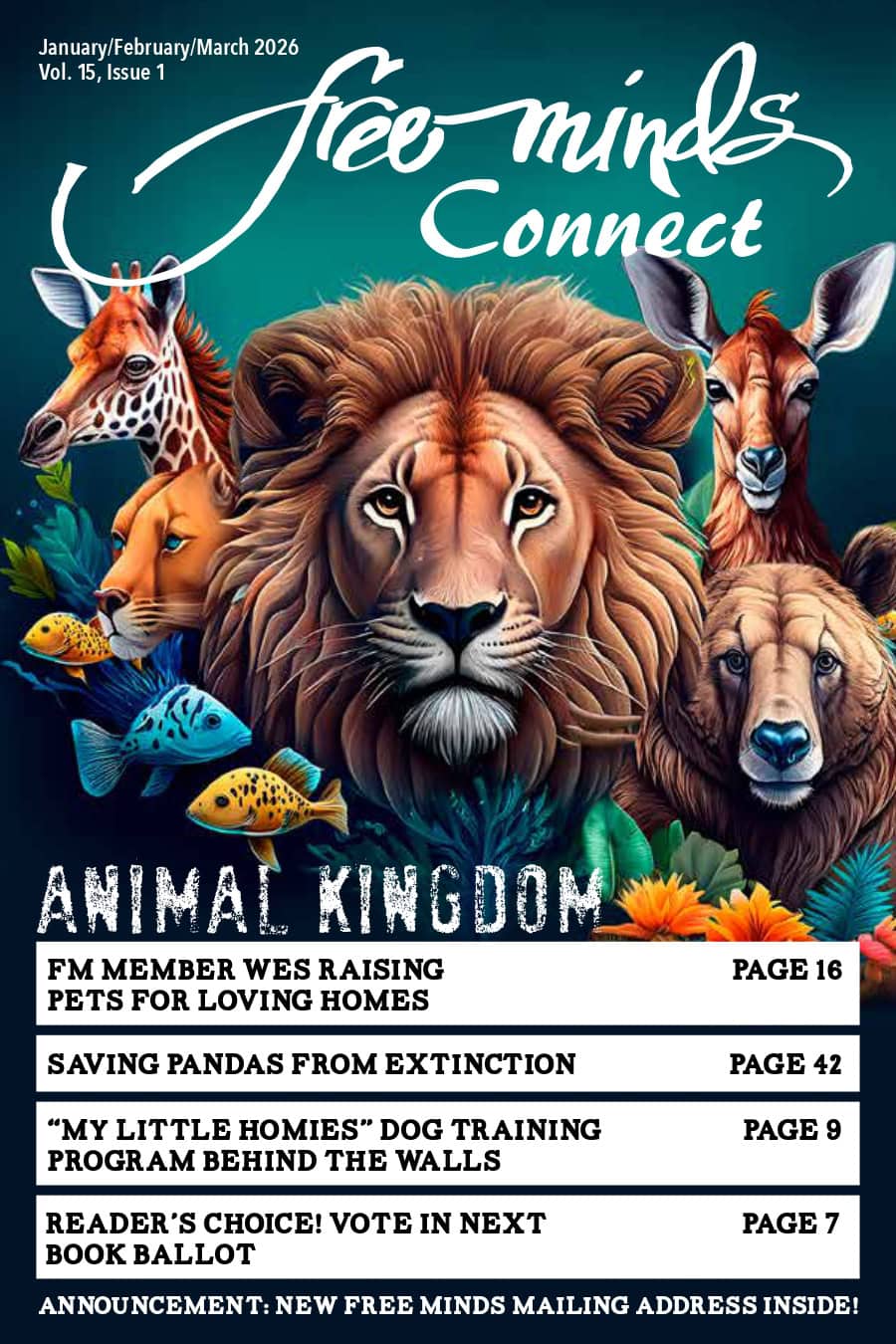 Cover of the Free Minds Animal Kingdom Connect. At the center is the head of a male lion. To the right, there are heads of a brown bear and a deer. To the left, there are heads of a giraffe and female lion. They are surrounded by coral and fish.
