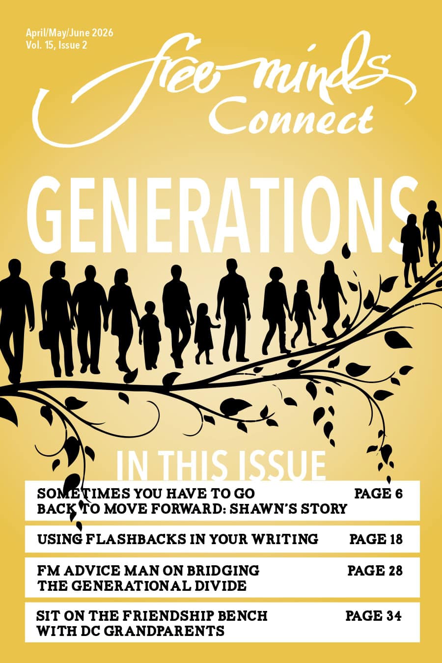 Cover of the Free Minds Connect magazine, the Generations issue. A yellow background with an illustration of people of all ages on a branch extending across the page.